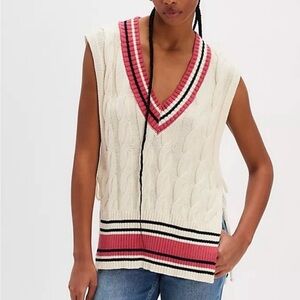 Free People Cable Knit V-Neck Sweater Vest in Cream and Pink